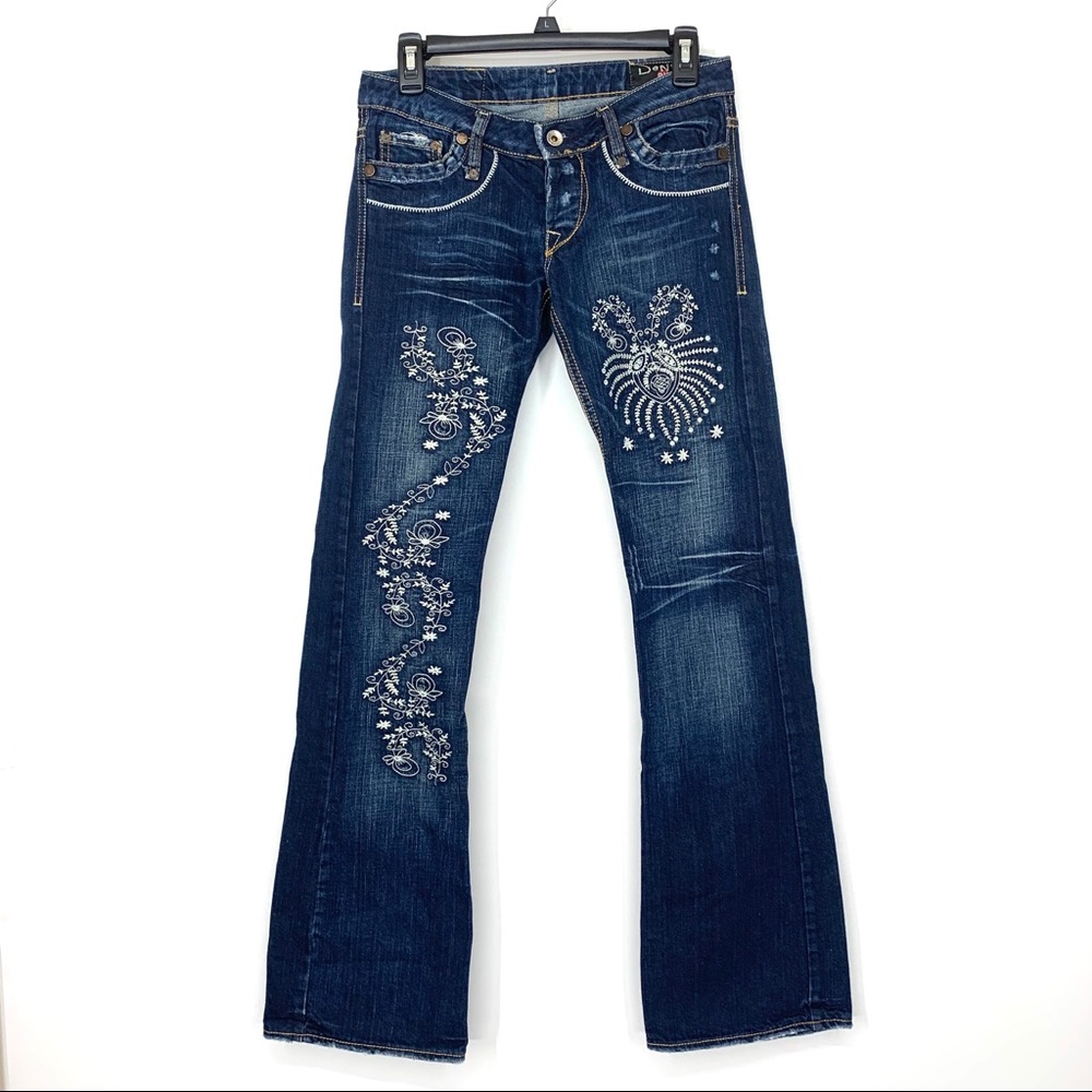 P&Y Y2K Low Rise Dark Denim White Embroidered Floral Boho Hippie Jeans Size 4